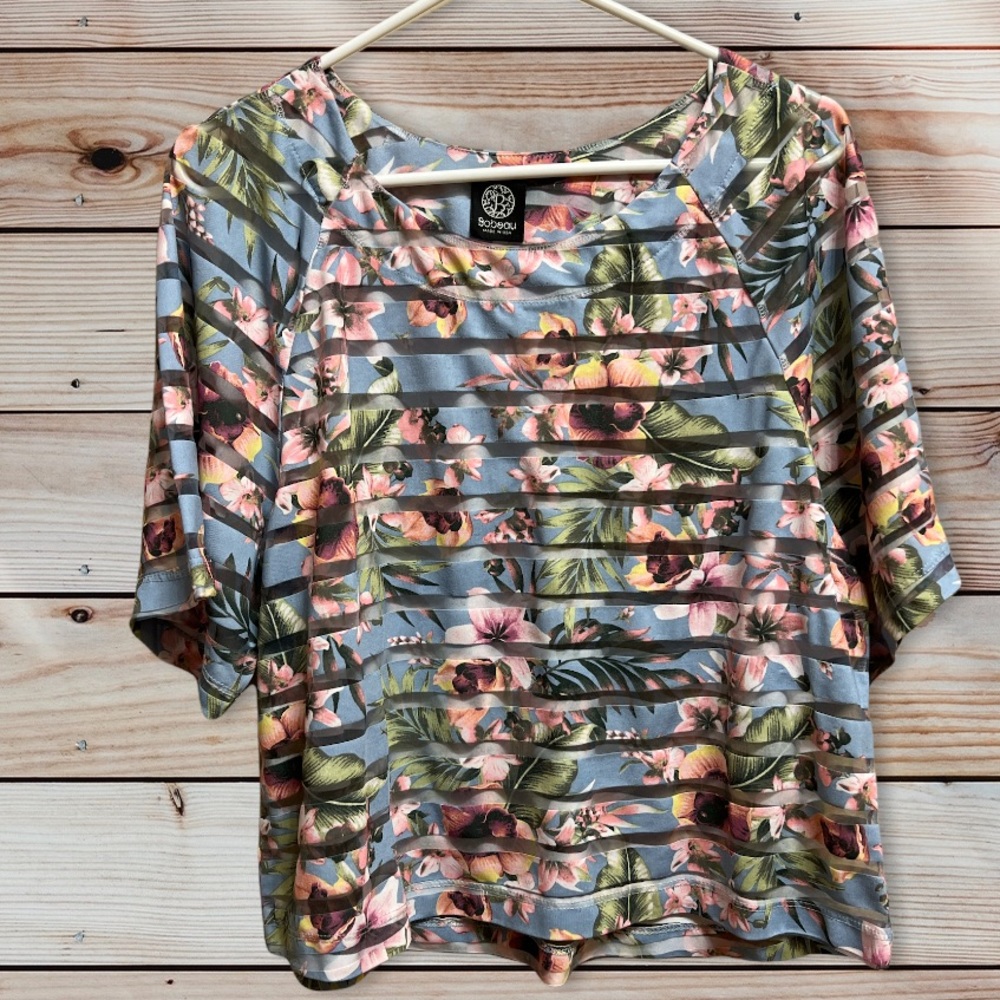 Bobeau Floral Hawaiian Striped Boxy Short Sleeve Top M Medium Nordstrom